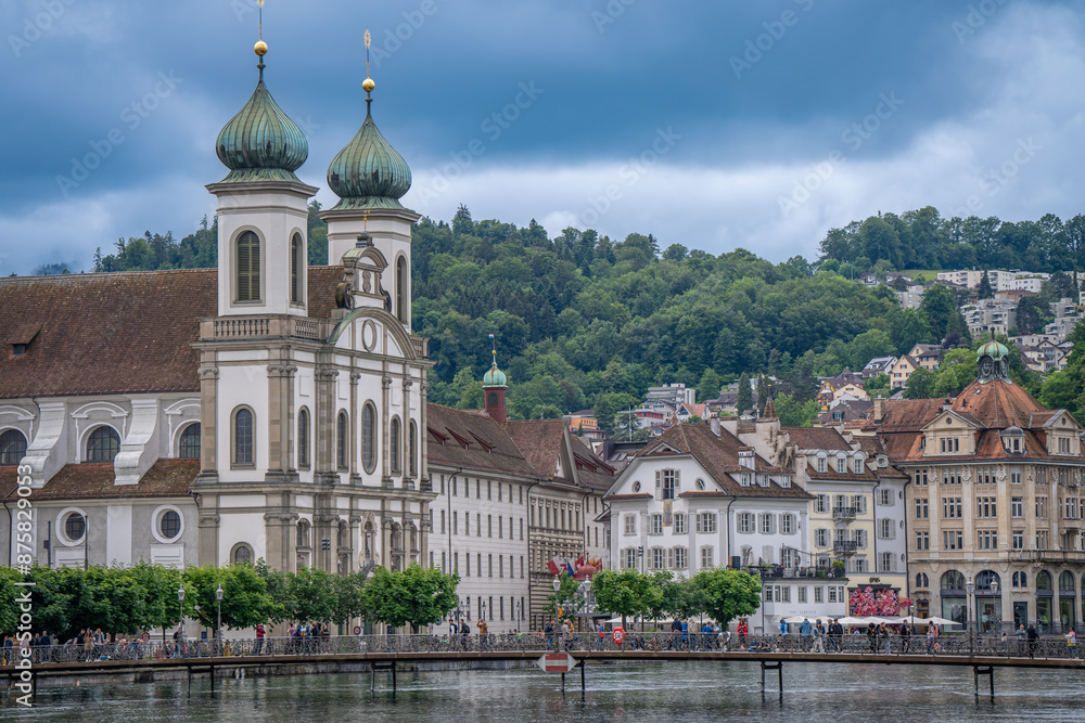 Obraz premium amazing beautiful city where tourist can see architecture old town city cow , river cruising wooden bridge at Lucerne Switzerland 