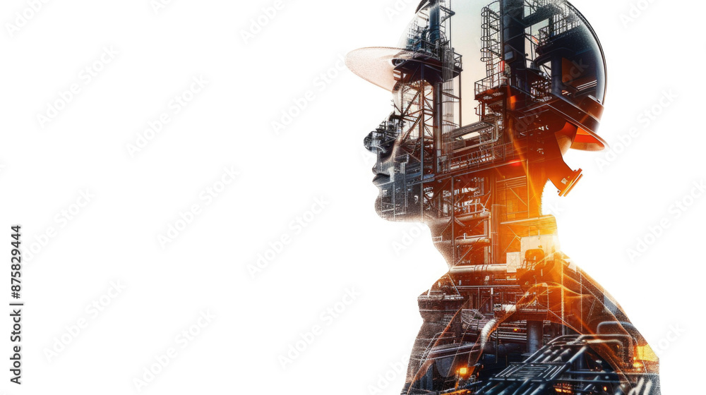 Portrait of a construction worker man with safety helmet letting see city buildings under construction. Transparent background or PNG file. Portrait of a construction worker man with safety helmet letting see city buildings under construction. Transparent background or PNG file.