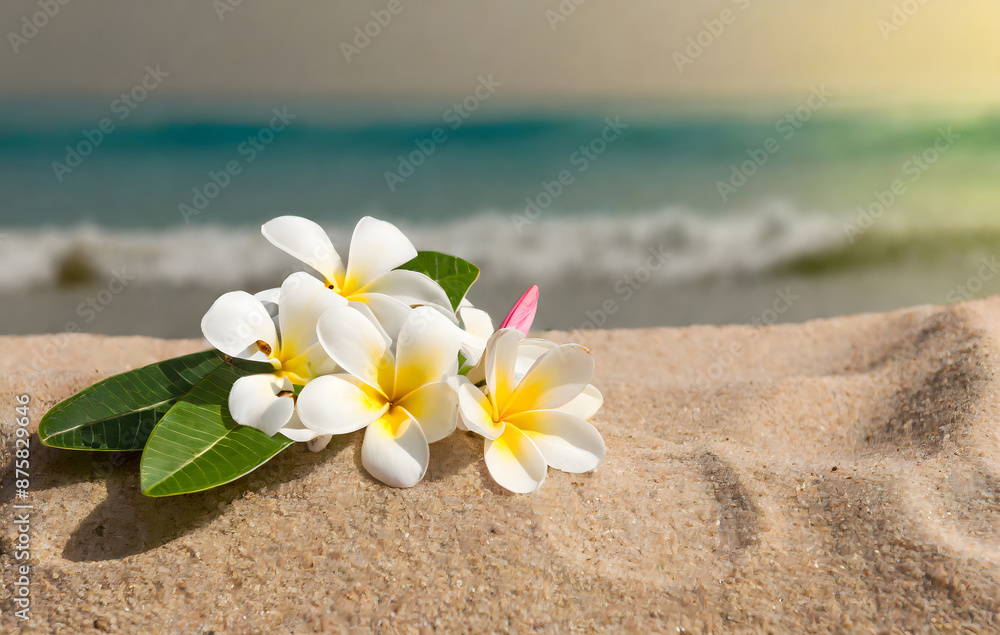 frangipani flowers on sand. Generative AI. frangipani flowers on sand. Generative AI.