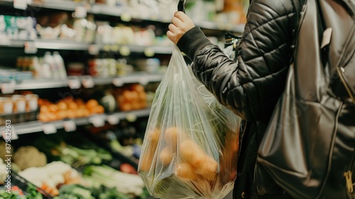 Person using a reusable shopping bag at the grocery store Choosing reusable bags over single-use plastics helps reduce waste and supports a sustainable environment