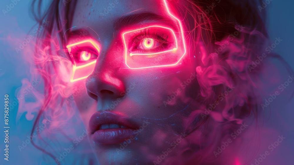 Futuristic female cyborg face with pink neon lines on foggy background. Futuristic female cyborg face with pink neon lines on foggy background.