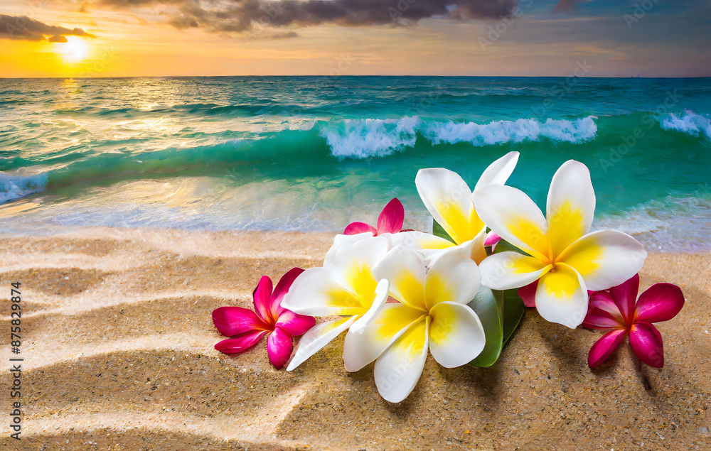 frangipani flowers on sand. Generative AI. frangipani flowers on sand. Generative AI.