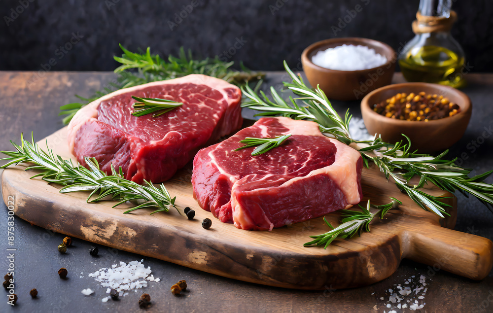 Fresh raw Prime Black Angus beef steaks on wooden board. Generative AI. Fresh raw Prime Black Angus beef steaks on wooden board. Generative AI.