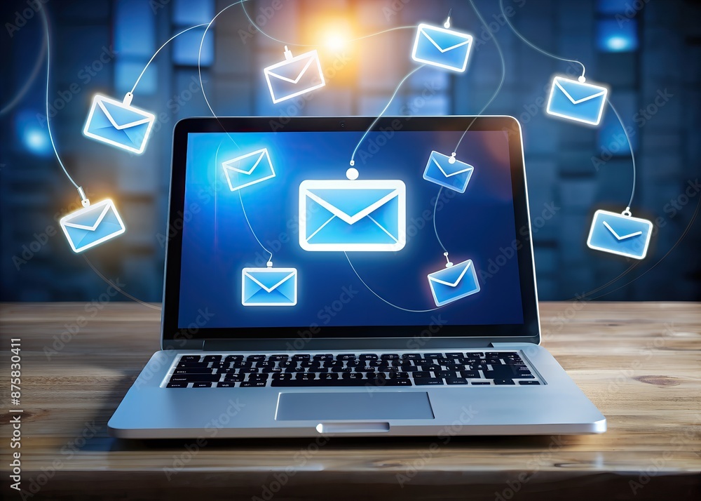 laptop on wooden desk surrounded by email communication internet connectivity icons concept laptop on wooden desk surrounded by email communication internet connectivity icons concept