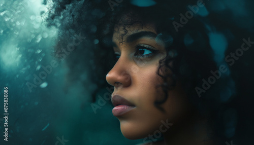 Close-up portrait of a woman with curly hair looking thoughtfully out of a window, capturing a moment of contemplation and beauty