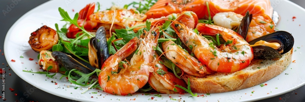Seafood with Garlic Baguette, Toasted Bread, Cooked Prawns, Shrimps, Mussels and Salmon Fillet Seafood with Garlic Baguette, Toasted Bread, Cooked Prawns, Shrimps, Mussels and Salmon Fillet
