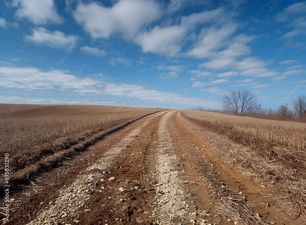 Country Road Through Field with Blue Sky and Clouds Country Road Through Field with Blue Sky and Clouds