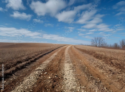 Country Road Through Field with Blue Sky and Clouds