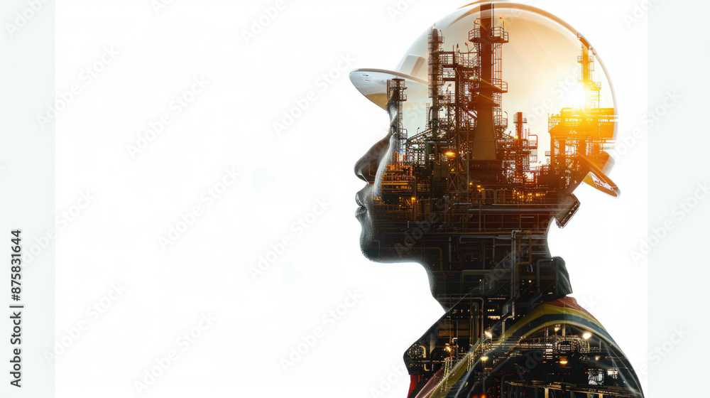Portrait of a construction worker man with safety helmet letting see city buildings under construction. Transparent background or PNG file. Portrait of a construction worker man with safety helmet letting see city buildings under construction. Transparent background or PNG file.