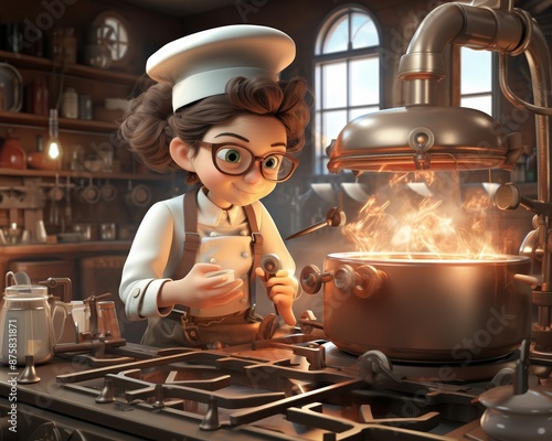 Steampunkthemed cartoon chef making tom yum, Steampunk, Sepia tones, 3D modeling, Victorian kitchenwhite background, photo