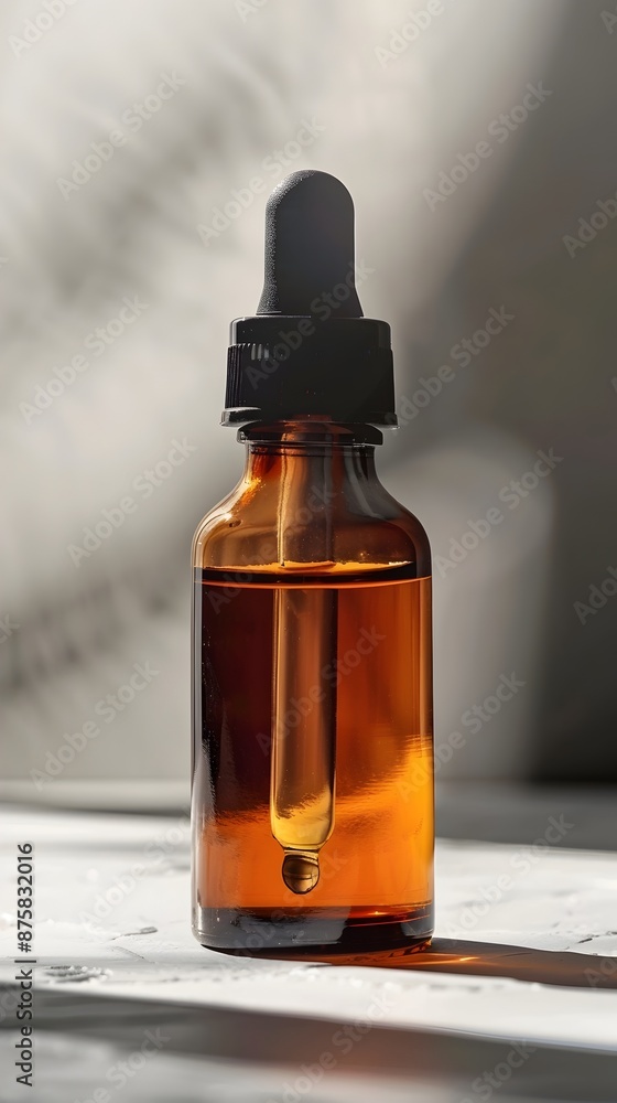 Amber Colored Flaxseed Oil Extract in a Glass Bottle with Dropper Showcased in a Minimalist Studio Backdrop Amber Colored Flaxseed Oil Extract in a Glass Bottle with Dropper Showcased in a Minimalist Studio Backdrop