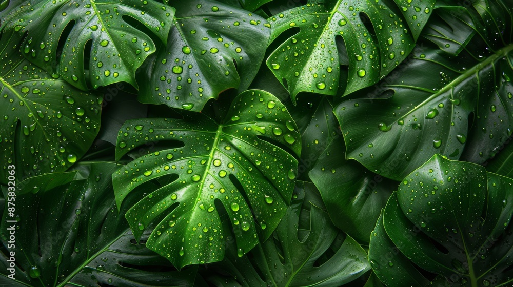 Fototapeta premium Close-up of lush green monstera leaves with raindrops for a tropical botanical background