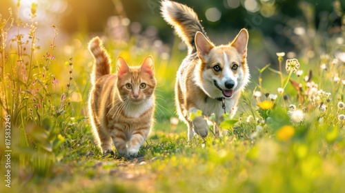 Furry friends red cat and corgi dog walking in a summer meadow, blooming background