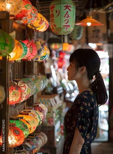 A woman looking at colorful lanterns in a shop. photo