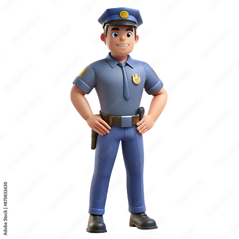 3d illustration of A character in a police officer's uniform, standing confidently with one hand on their holster.
3d illustration of A character in a police officer's uniform, standing confidently with one hand on their holster.