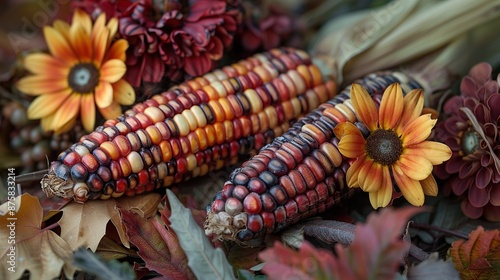 Autumn Harvest: Colorful Corn and Flowers
