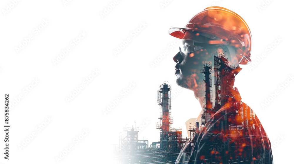 Portrait of a construction worker man with safety helmet letting see city buildings under construction. Transparent background or PNG file. Portrait of a construction worker man with safety helmet letting see city buildings under construction. Transparent background or PNG file.