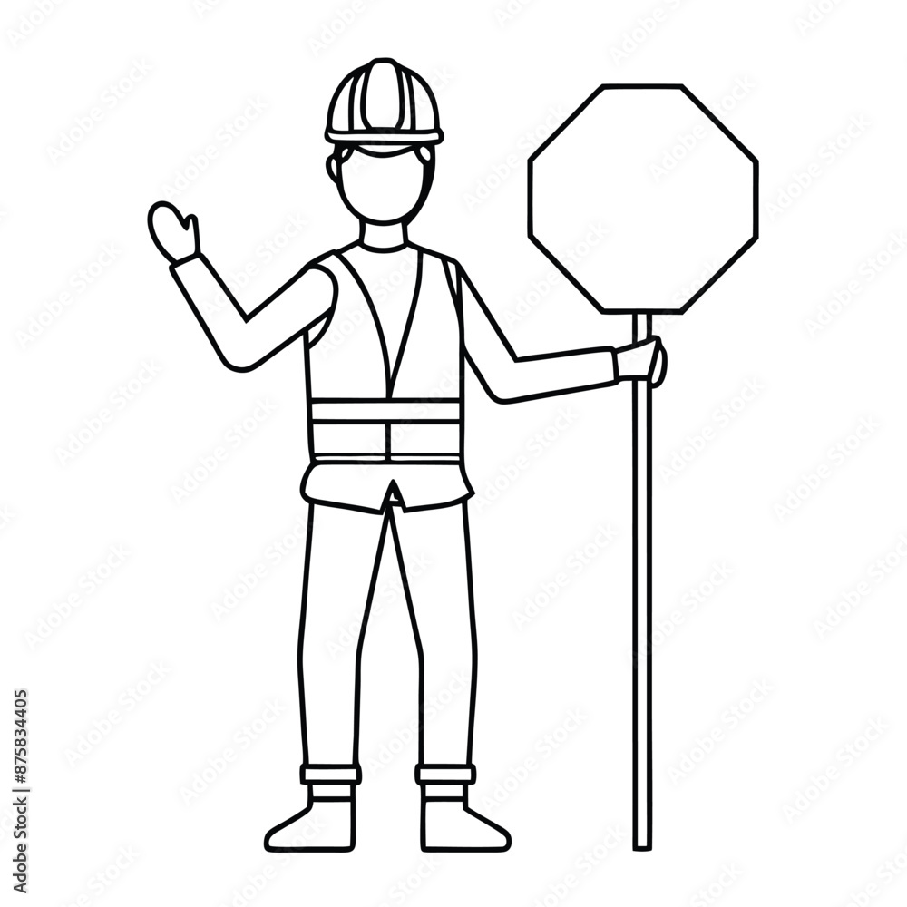 a female road worker holding a stop sign, line art vector illustration isolated on a white background a female road worker holding a stop sign, line art vector illustration isolated on a white background