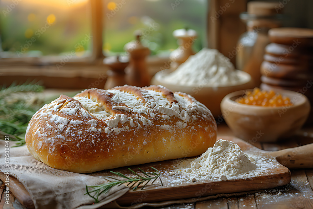 Cozy Baker's Corner: Artisan Loaves with Sunset Backdrop Cozy Baker's Corner: Artisan Loaves with Sunset Backdrop