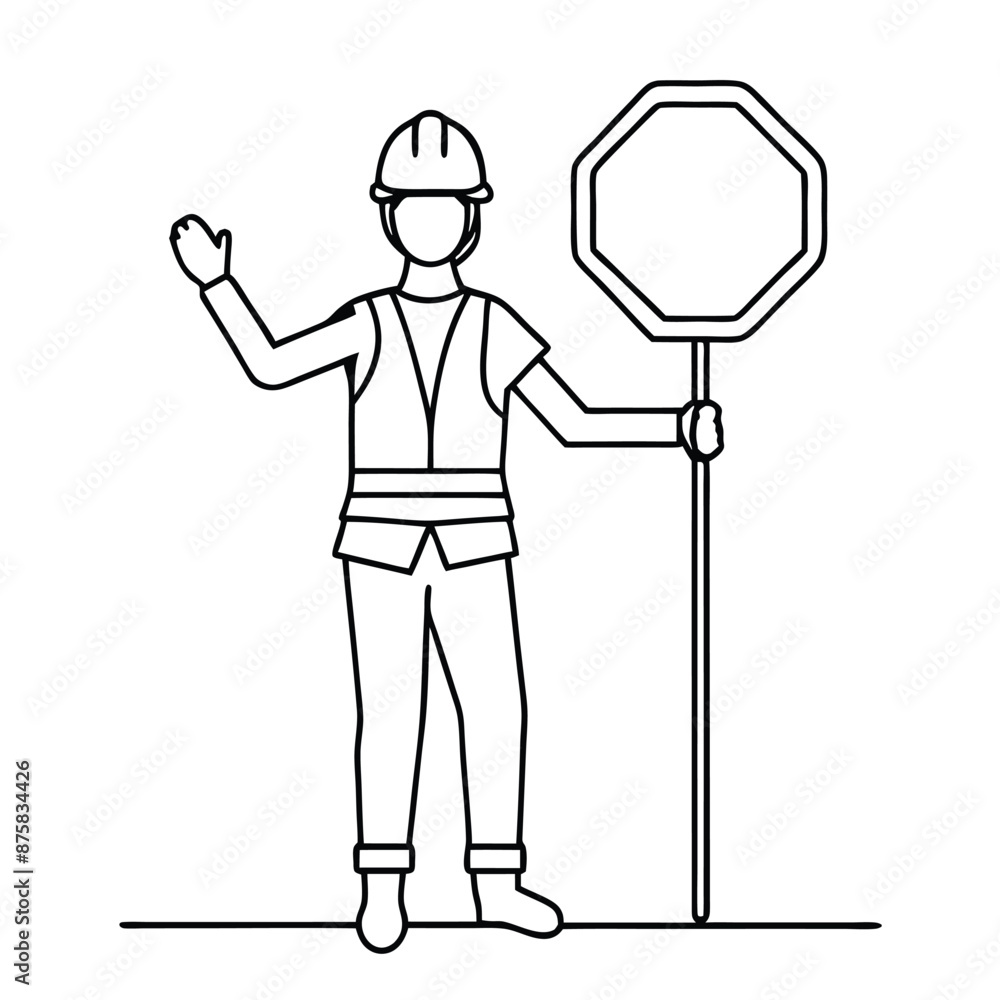 a female road worker holding a stop sign, line art vector illustration isolated on a white background a female road worker holding a stop sign, line art vector illustration isolated on a white background