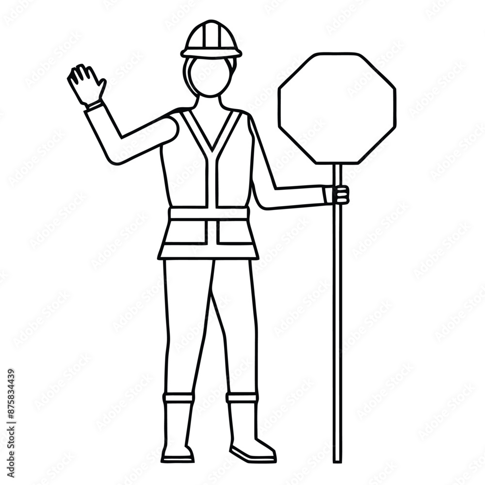 a female road worker holding a stop sign, line art vector illustration isolated on a white background a female road worker holding a stop sign, line art vector illustration isolated on a white background