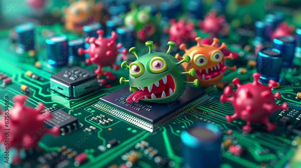 Obraz premium Virus attack on the computer circuit board. 3d illustration.