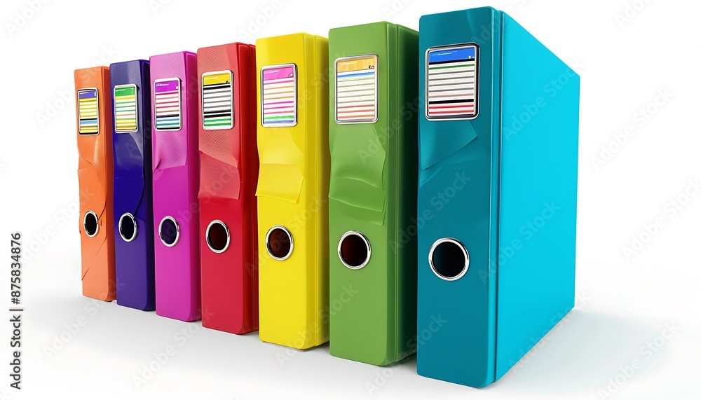 colorful binders and folders neatly arranged on a plain white background. colorful binders and folders neatly arranged on a plain white background.