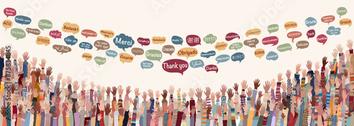 Banner with many raised hands of multicultural people from different nations and continents with Speech Bubbles with text -THANK YOU- in various international languages.Communication.Equal