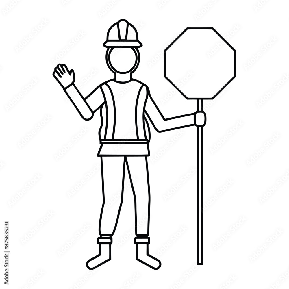 a female road worker holding a stop sign, line art vector illustration isolated on a white background a female road worker holding a stop sign, line art vector illustration isolated on a white background