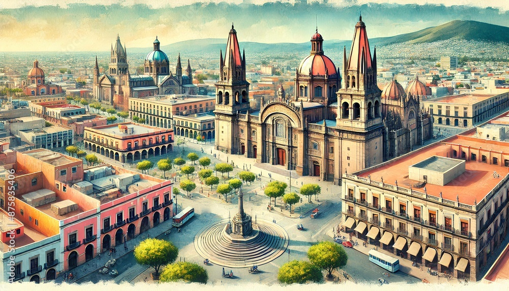 Fototapeta premium Watercolor painting of Guadalajara, Mexico with landmarks like the Cathedral and Hospicio Cabañas.