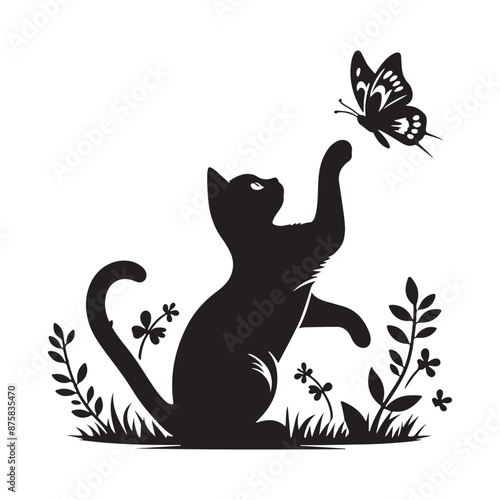 playful cat silhouette reaching for a butterfly, surrounded by flowers and grass in a charming black and white design. eps 10
