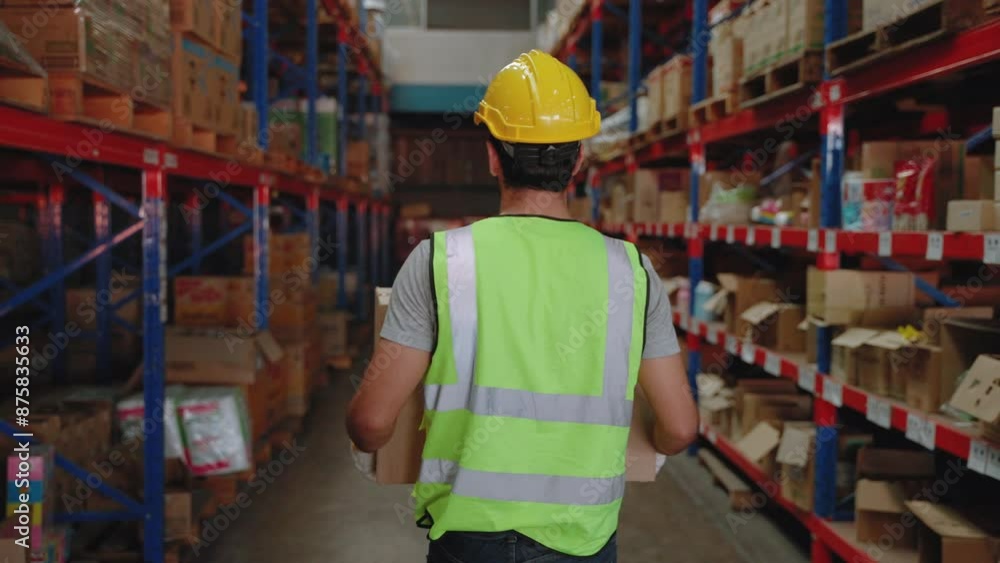 warehouse worker carrying boxes of goods to be sorted on the shelves. warehouse worker carrying boxes of goods to be sorted on the shelves.