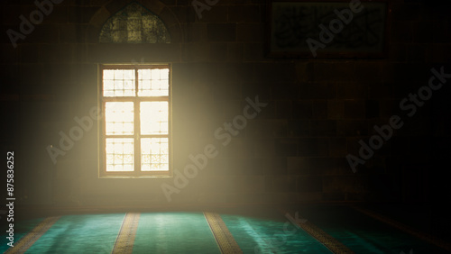 Islamic themed background photo. Sunlight streaming through a mosque window, symbolizing faith and divine presence.