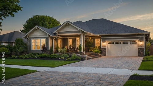 An elegant suburban home with a well manicured lawn