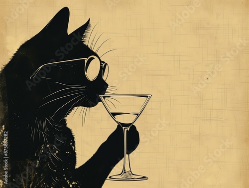 Black cat with sunglasses drinking martini. Funny poster banner for a bar