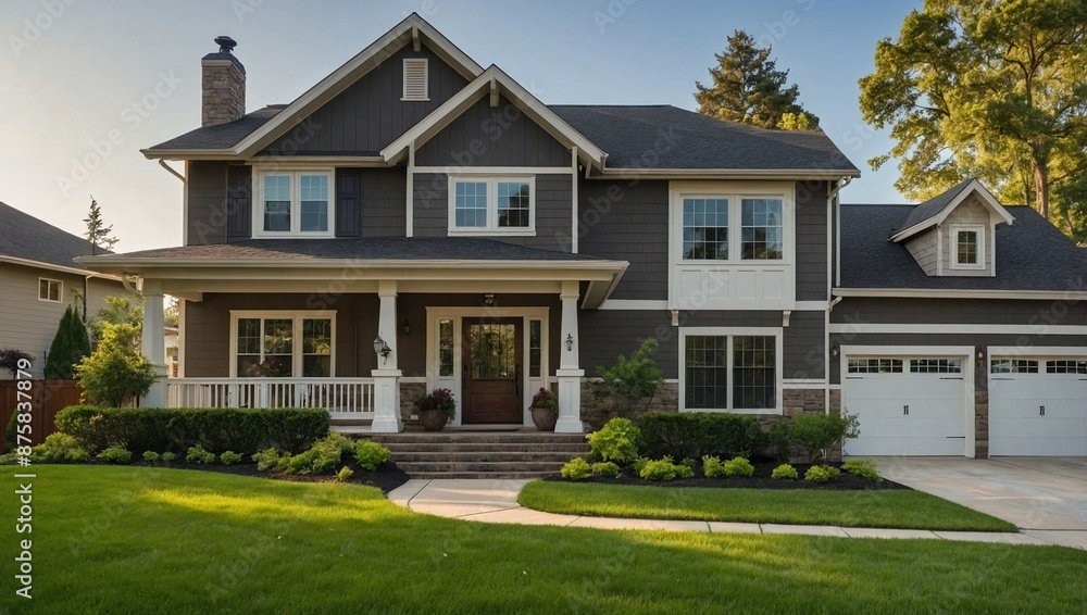 An elegant suburban home with a well manicured lawn An elegant suburban home with a well manicured lawn
