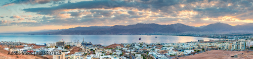 Panoramic morning view on the gulf of Aqaba, Eilat (Israel) and Aqaba (Jordan...