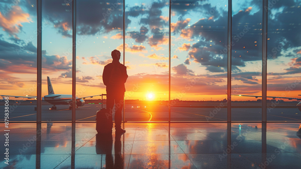 Calm male tourist is standing in airport and looking at aircraft flight through window. He is holding tickets and suitcase. Sunset Calm male tourist is standing in airport and looking at aircraft flight through window. He is holding tickets and suitcase. Sunset