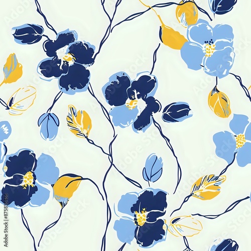 Vibrant Floral Grid Art with Blue, Green, and Pink Flower Motifs