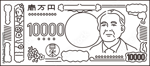 2024年　新紙幣のライン画のイラストレーション