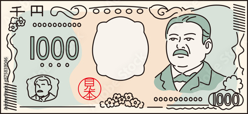 2024年　新紙幣のライン画のイラストレーション