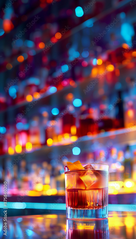 A glass of liquor with ice cubes in it sits on a bar counter A glass of liquor with ice cubes in it sits on a bar counter