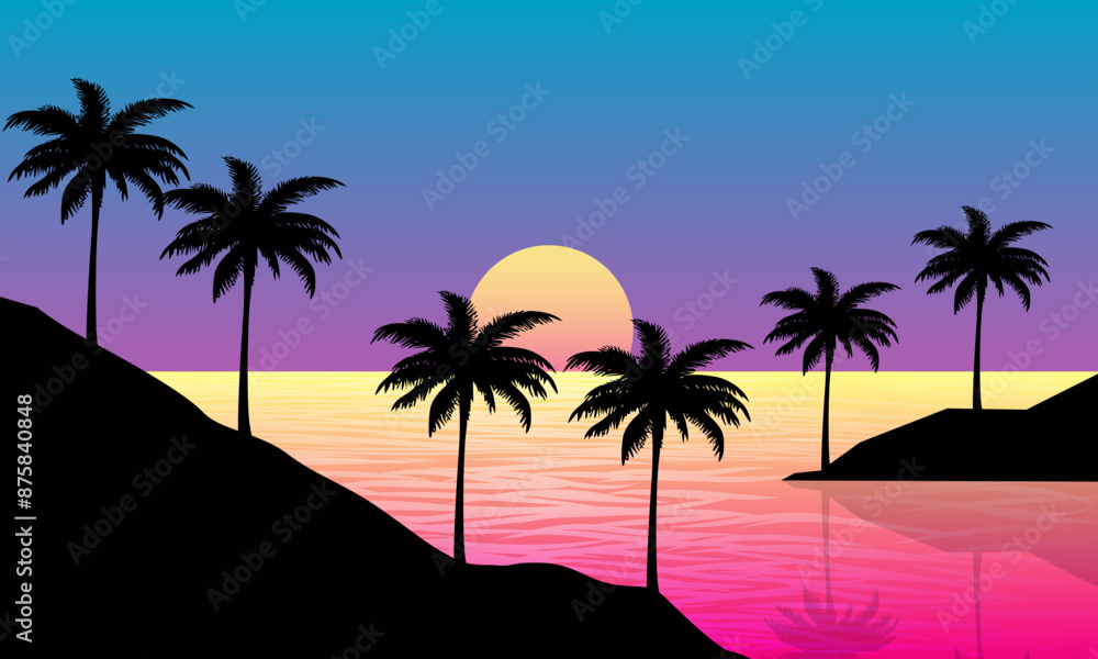landscape view of the beach in the afternoon with sunset and palm silhouettes landscape view of the beach in the afternoon with sunset and palm silhouettes