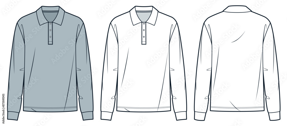 Polo Shirt technical fashion illustration. Cuff Sleeve Shirt fashion technical drawing template, polo collar, buttons, relaxed fit, front, back view, white, gray, women, men, unisex CAD mockup set. Polo Shirt technical fashion illustration. Cuff Sleeve Shirt fashion technical drawing template, polo collar, buttons, relaxed fit, front, back view, white, gray, women, men, unisex CAD mockup set.
