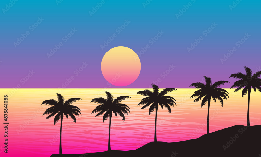 landscape view of the beach in the afternoon with sunset and palm silhouettes landscape view of the beach in the afternoon with sunset and palm silhouettes