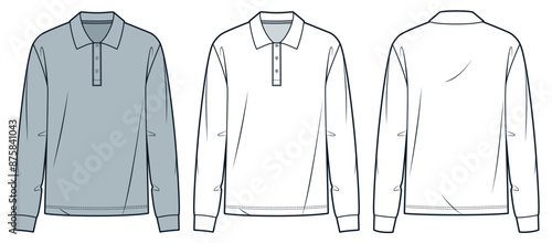 Polo Shirt technical fashion illustration. Cuff Sleeve Shirt fashion technical drawing template, polo collar, buttons, relaxed fit, front, back view, white, gray, women, men, unisex CAD mockup set.
