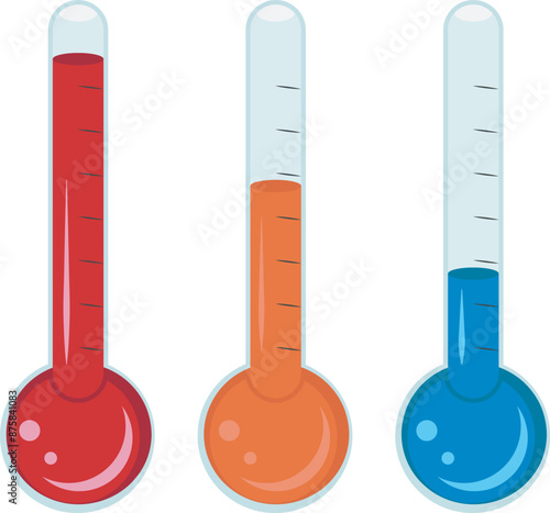 Thermometers in different colors. Set of glass thermometers, flat design. Vector illustration, EPS10