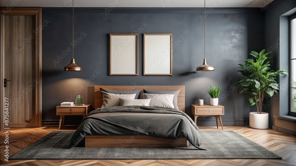 Wall art mockup featuring a dark gray wall with a dark wood frame in a bedroom, home decor, interior design Wall art mockup featuring a dark gray wall with a dark wood frame in a bedroom, home decor, interior design