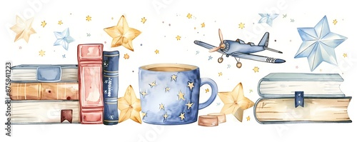 Watercolor books with stars, paper airplane, coffee mug, sparkles, dreamy background, white space for text, fantasy cartoon style, white border.