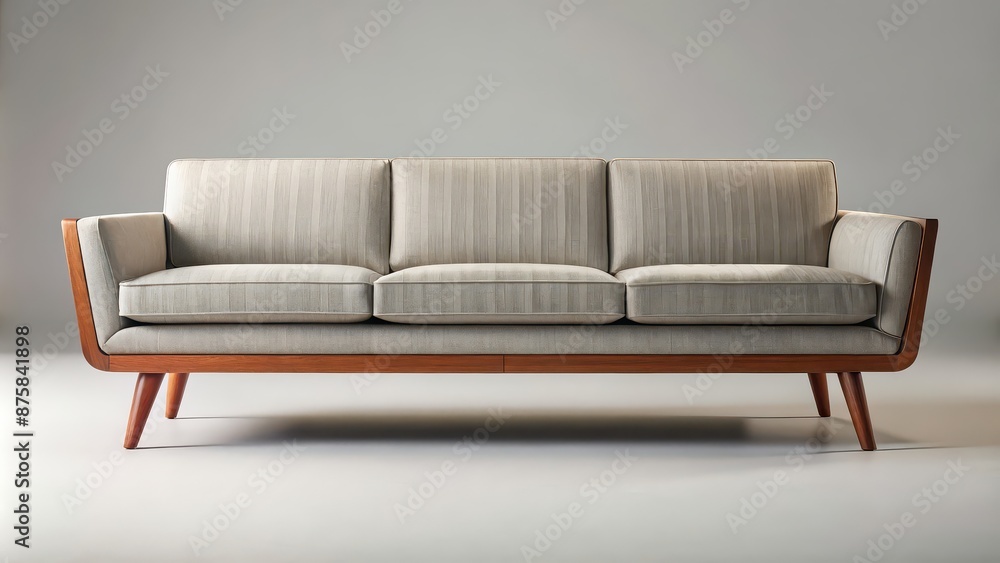Fototapeta premium Mid-century style sofa with sleek lines and wooden legs, retro, vintage, modern, furniture, design, interior, living room